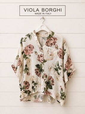 VIOLA BORGHI Cream Floral Linen Blouse 2X